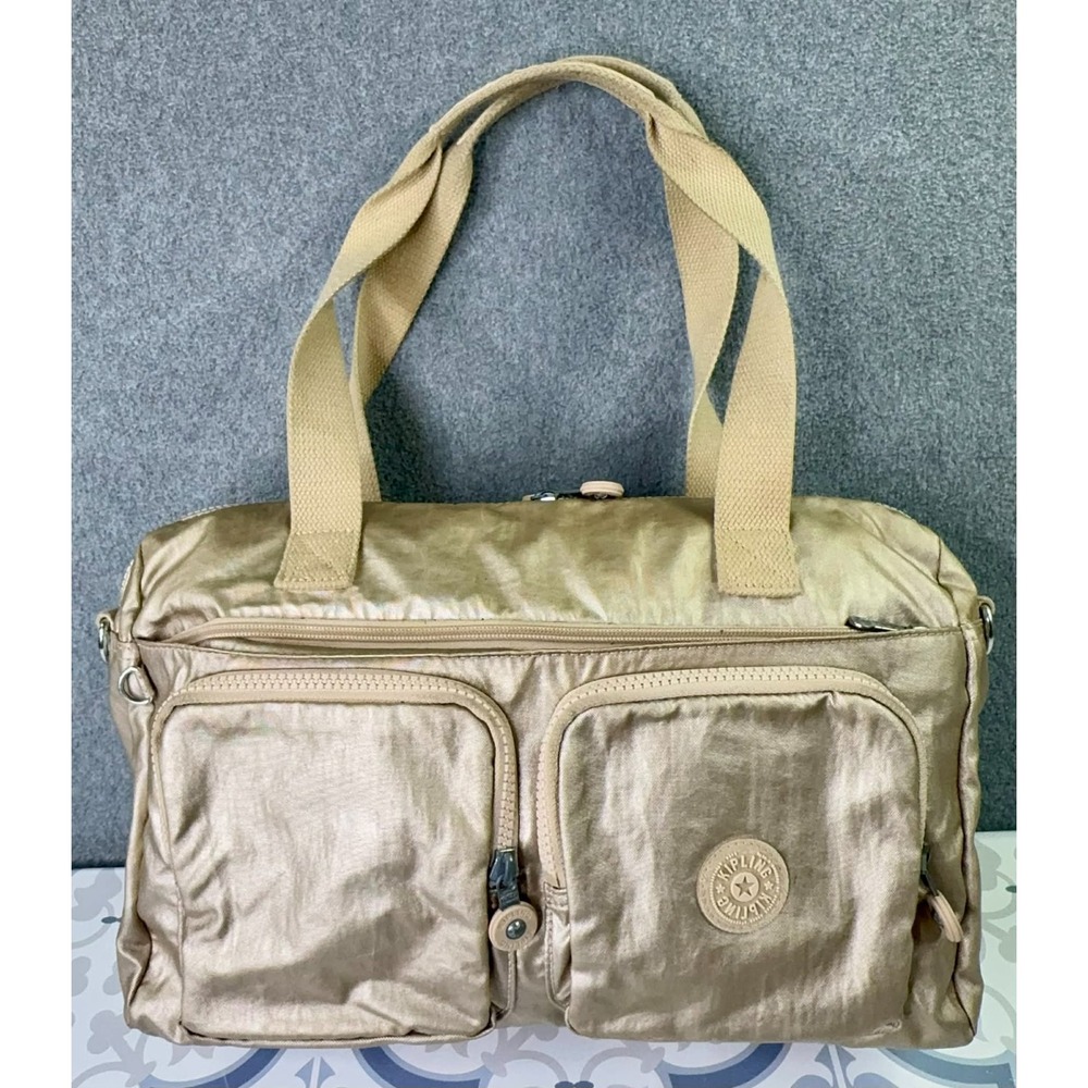 Kipling Metallic Gold Defea Handbag Nylon Tote Shoulder Bag‎ Multiple Pockets